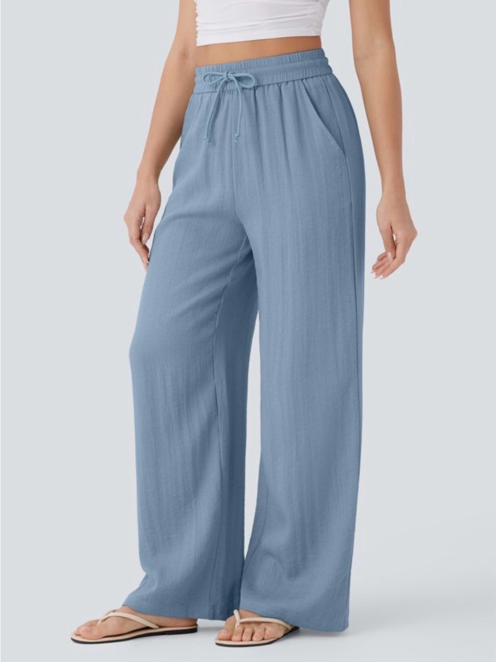 HALARA High Waisted Drawstring Pocket Wide Leg Baggy Casual Linen-Feel Pants - Picture 3 of 15